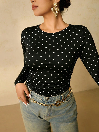 Freevana Casual Vintage Polka Dot Pattern Fabric Plus Size Women's Black T-Shirt, Suitable For Spring And Autumn, Black Top, Undershirt, Outerwear Fall