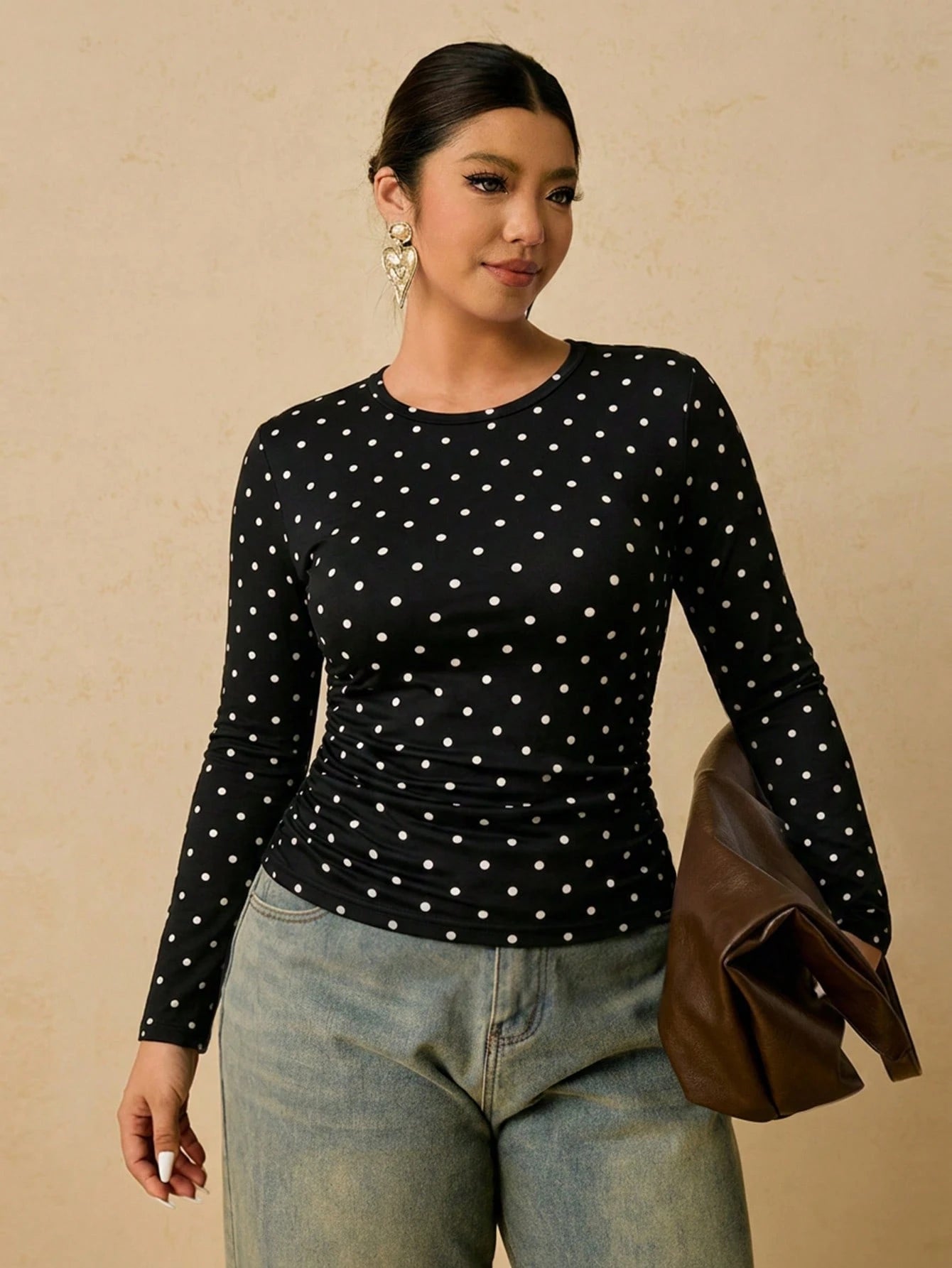 Freevana Casual Vintage Polka Dot Pattern Fabric Plus Size Women's Black T-Shirt, Suitable For Spring And Autumn, Black Top, Undershirt, Outerwear Fall