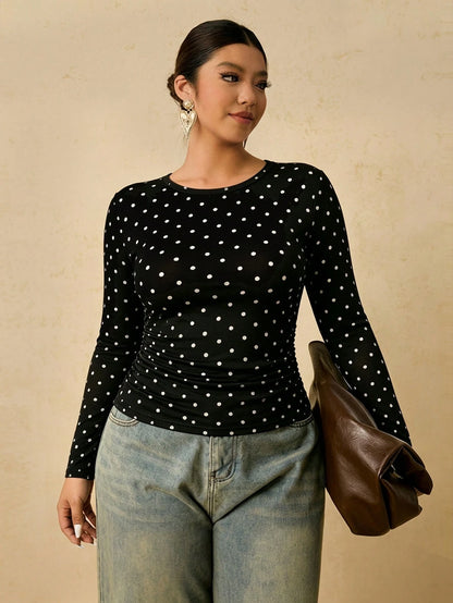 Freevana Casual Vintage Polka Dot Pattern Fabric Plus Size Women's Black T-Shirt, Suitable For Spring And Autumn, Black Top, Undershirt, Outerwear Fall