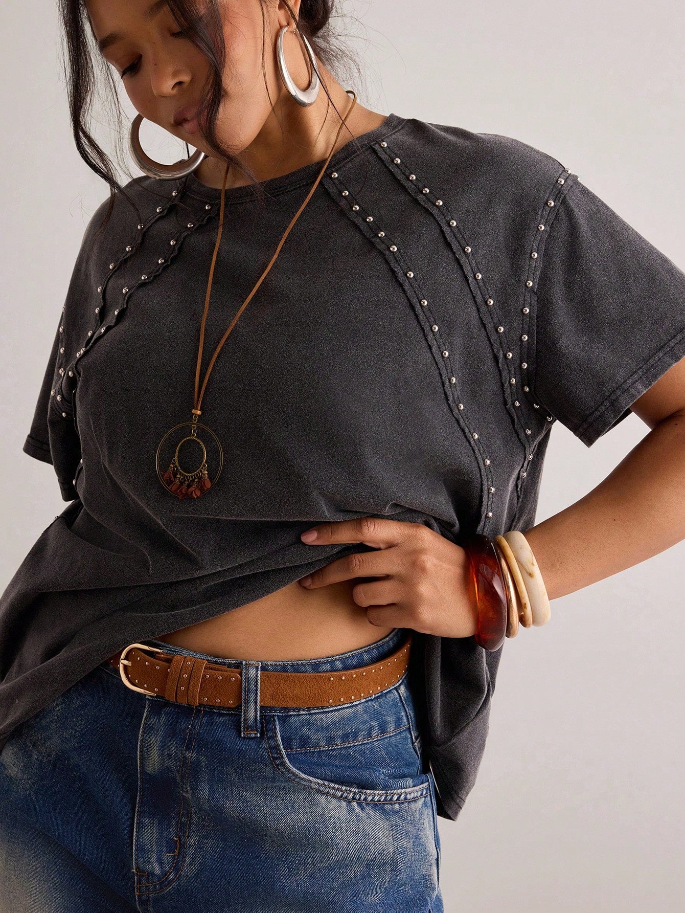Freevana Plus Size Women's Beaded Round Neck Short Sleeve Casual T-Shirt Date Night Black Summer