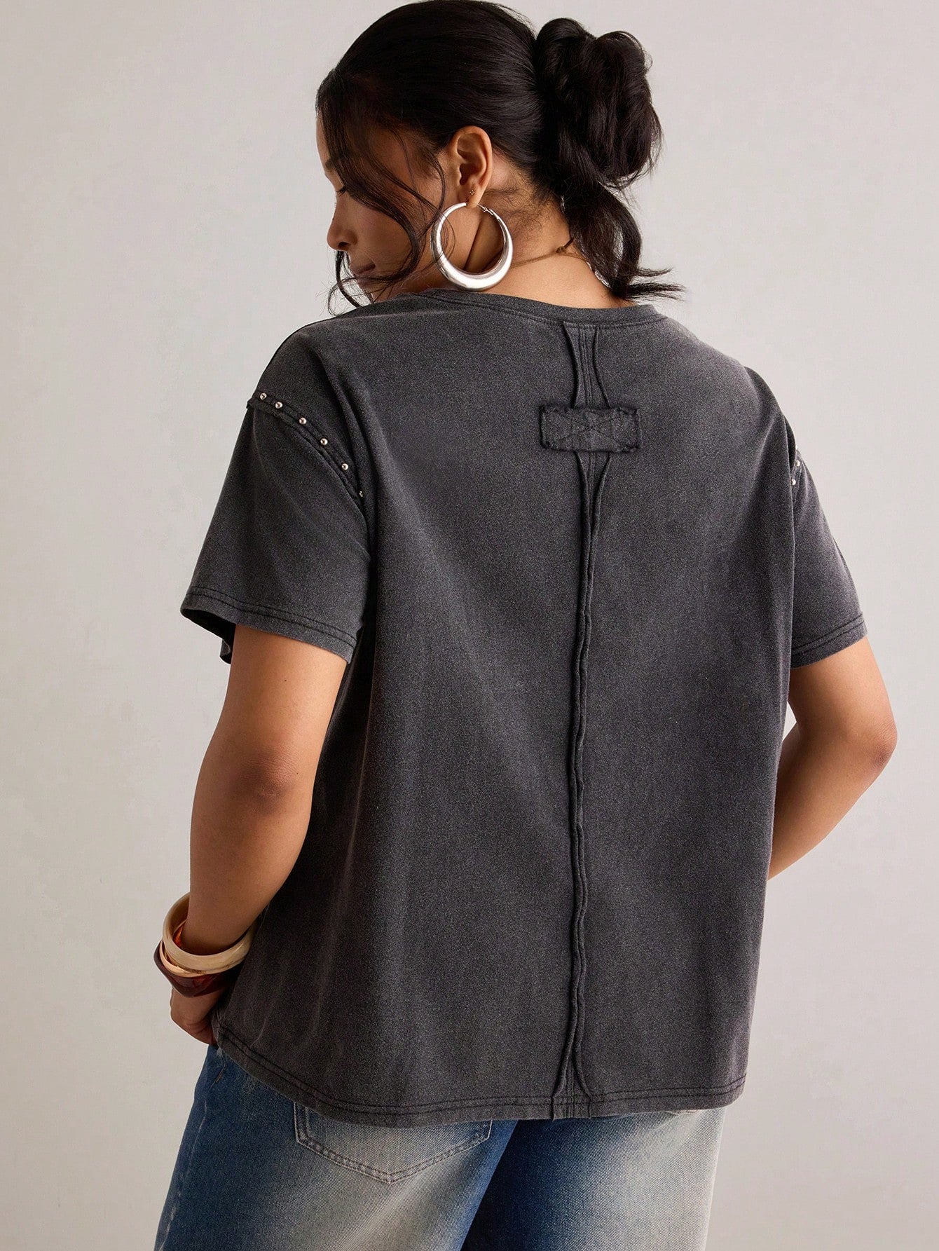 Freevana Plus Size Women's Beaded Round Neck Short Sleeve Casual T-Shirt Date Night Black Summer