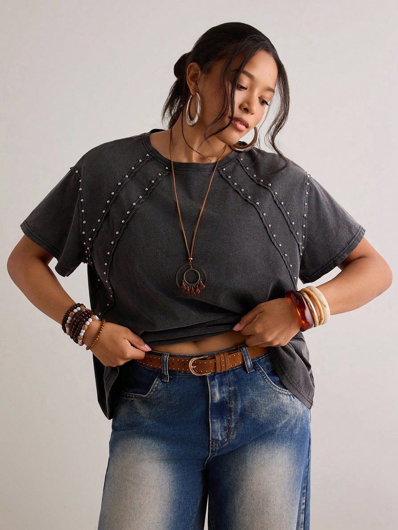 Freevana Plus Size Women's Beaded Round Neck Short Sleeve Casual T-Shirt Date Night Black Summer