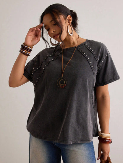 Freevana Plus Size Women's Beaded Round Neck Short Sleeve Casual T-Shirt Date Night Black Summer