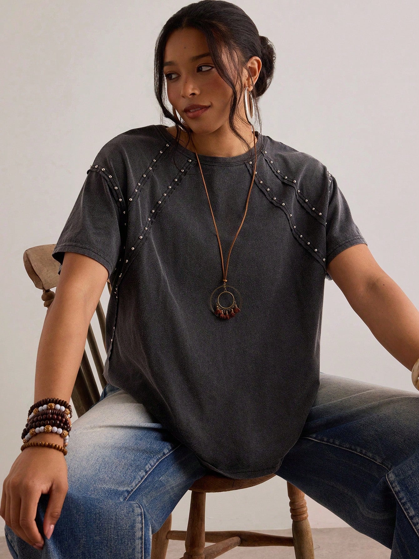 Freevana Plus Size Women's Beaded Round Neck Short Sleeve Casual T-Shirt Date Night Black Summer