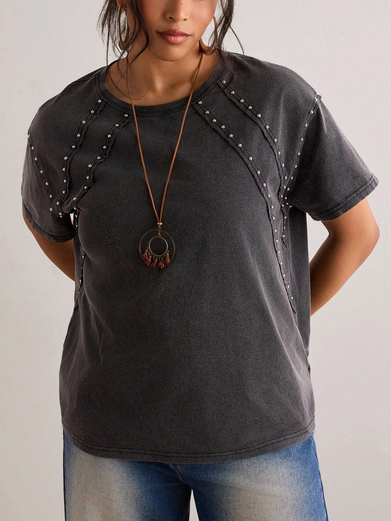 Freevana Plus Size Women's Beaded Round Neck Short Sleeve Casual T-Shirt Date Night Black Summer