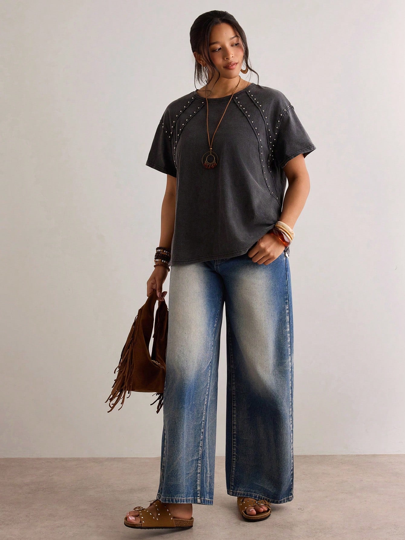 Freevana Plus Size Women's Beaded Round Neck Short Sleeve Casual T-Shirt Date Night Black Summer