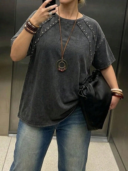 Freevana Plus Size Women's Beaded Round Neck Short Sleeve Casual T-Shirt Date Night Black Summer