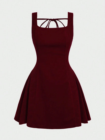 French Elegant Daily Romantic Date Holiday Formal Evening Christmas Party Dress, Velvet Retro Backless Waist Cinched Mini Dress Summer
