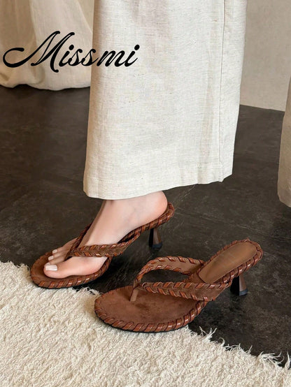 French Square Toe Open Toe Thong High Heel Stilettos Sandals Summer New Kitten Heel Stiletto Heel Flip Flop Sandals,Flip Flops