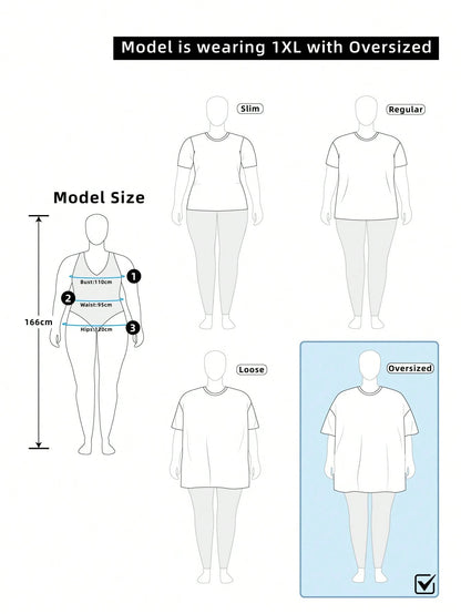 Frenchy Plus Size Women's Summer Solid Color V-Neck Batwing Short Sleeve Casual Vacation T-Shirt With Layered Hem