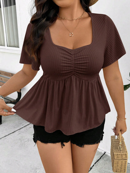 Frenchy Plus Size Women Solid Color Ruched Short Sleeve Ruffle Hem Boho/Bohemian Short Sleeve Top T-Shirt