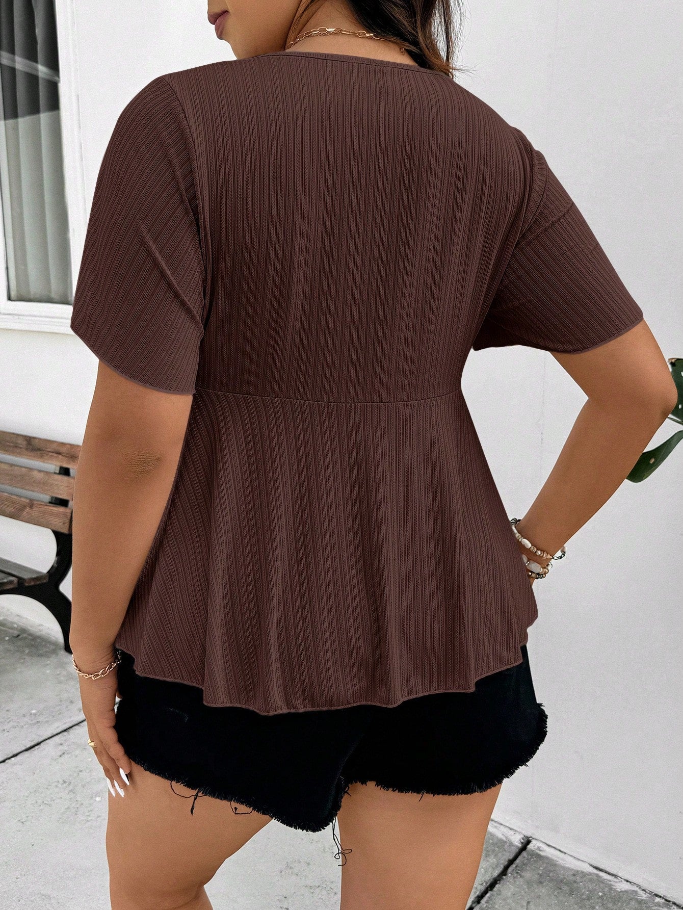 Frenchy Plus Size Women Solid Color Ruched Short Sleeve Ruffle Hem Boho/Bohemian Short Sleeve Top T-Shirt