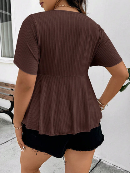 Frenchy Plus Size Women Solid Color Ruched Short Sleeve Ruffle Hem Boho/Bohemian Short Sleeve Top T-Shirt