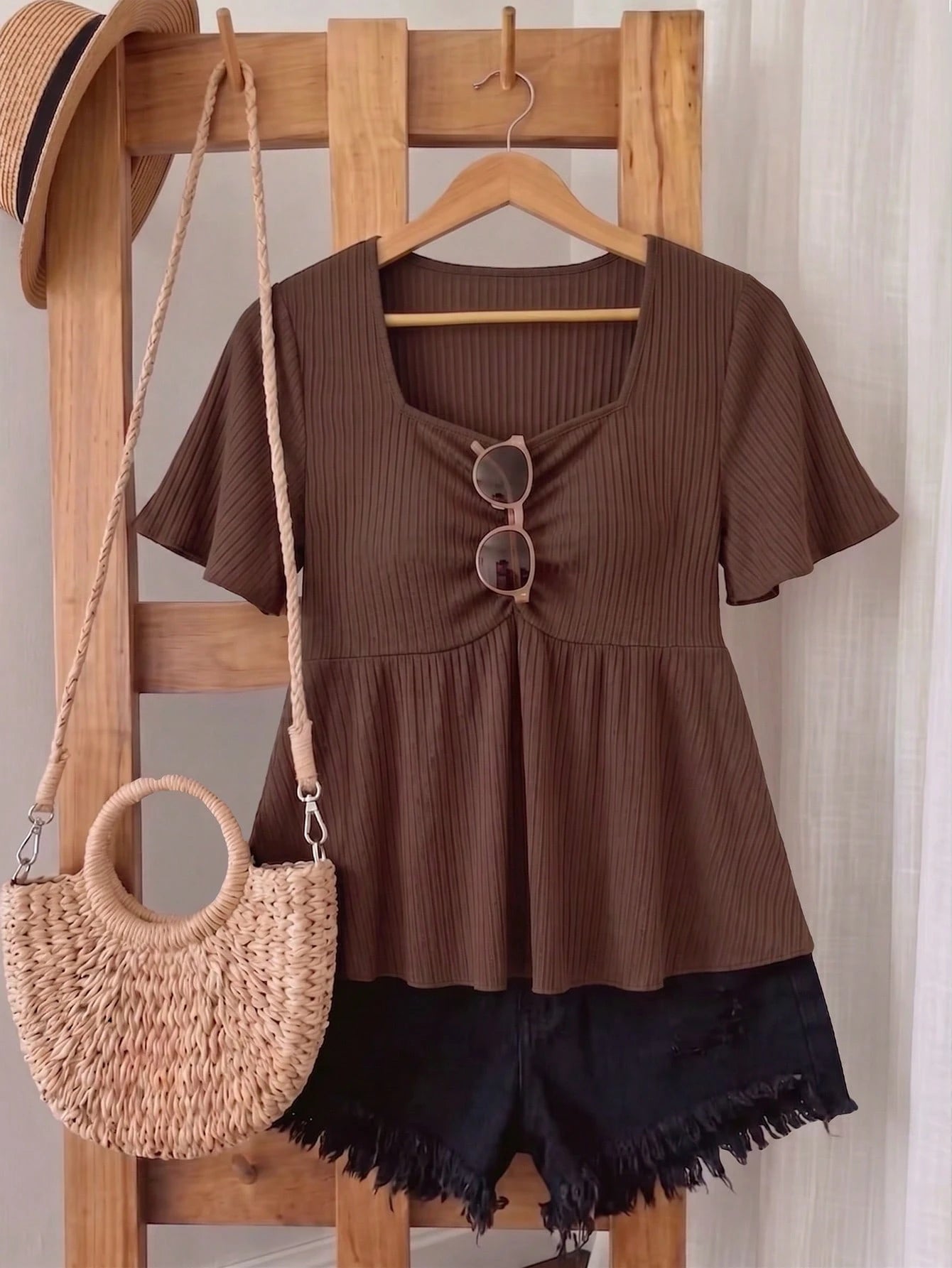 Frenchy Plus Size Women Solid Color Ruched Short Sleeve Ruffle Hem Boho/Bohemian Short Sleeve Top T-Shirt