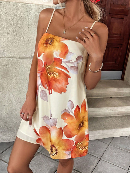 Frenchy Summer Boho Sexy Tropical Holiday Vacation Orange Floral Floral Print Mini Dress For Women,Casual Spaghetti Strap Beachwear Music Festival Outfits