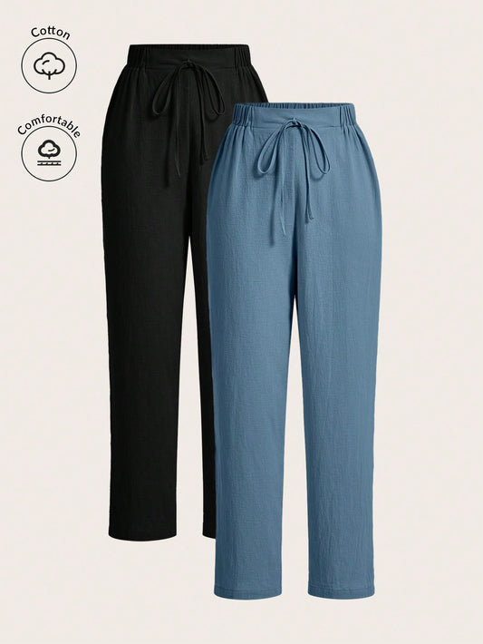 Frenchy Two-Piece Set 100% Cotton Casual Elastic Waist Linen Breathable Trousers, Comfortable For Daily, Vacation And Commute Wear Summer Holiday Resort