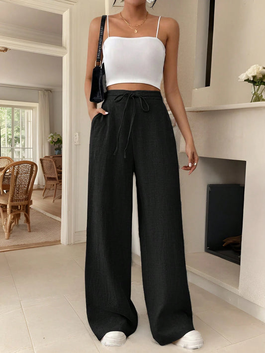 Frenchy Women's Drawstring Pocket Straight Wide-Leg Comfortable Casual Elegant Linen Striped Trousers,Black,Summer,Casual,City Break Minimalist Office Pants