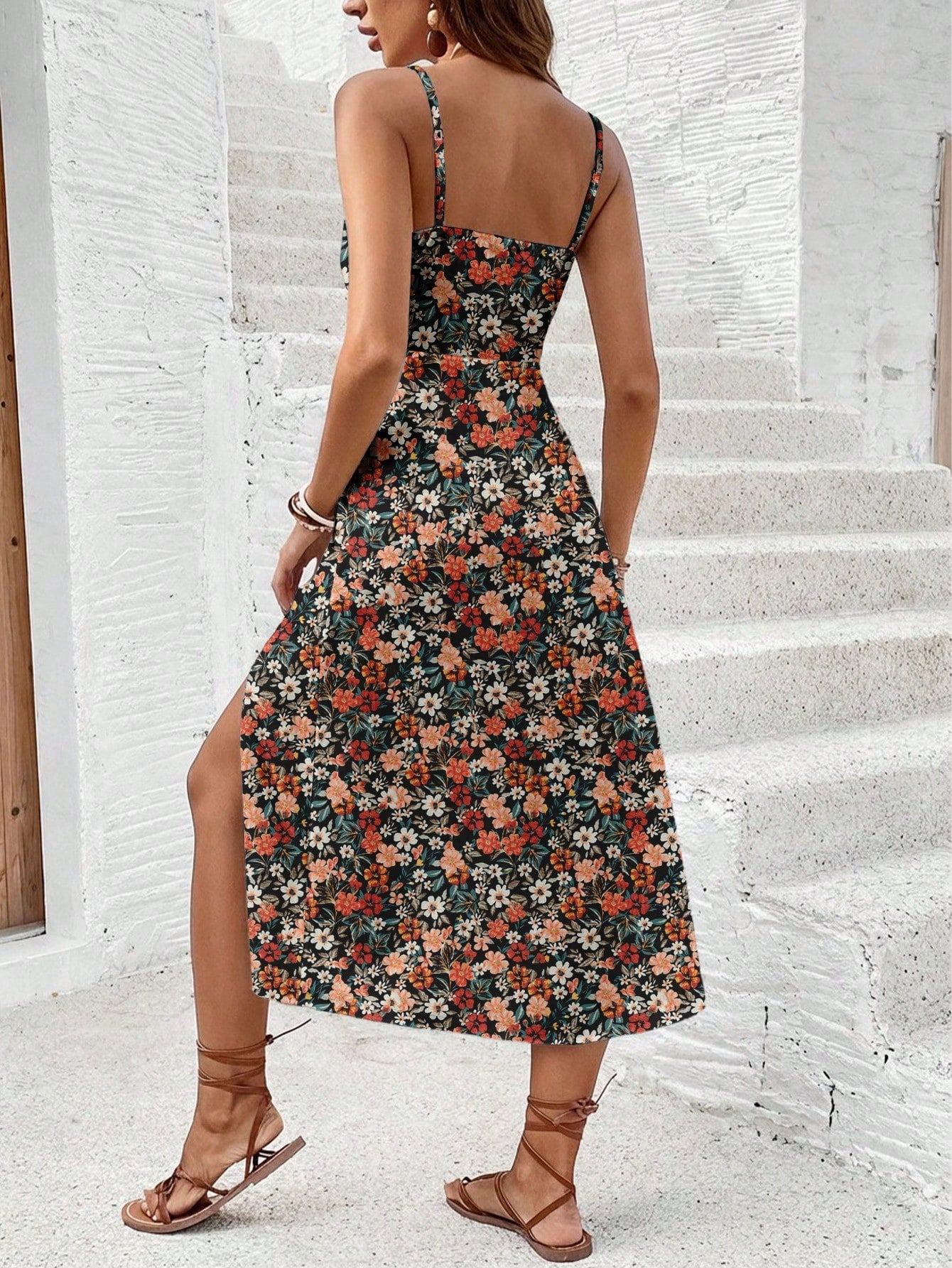Frenchy Women's Floral Print Slit Hem Sleeveless Midi Dress For Vacation,Summer Dresses For Women