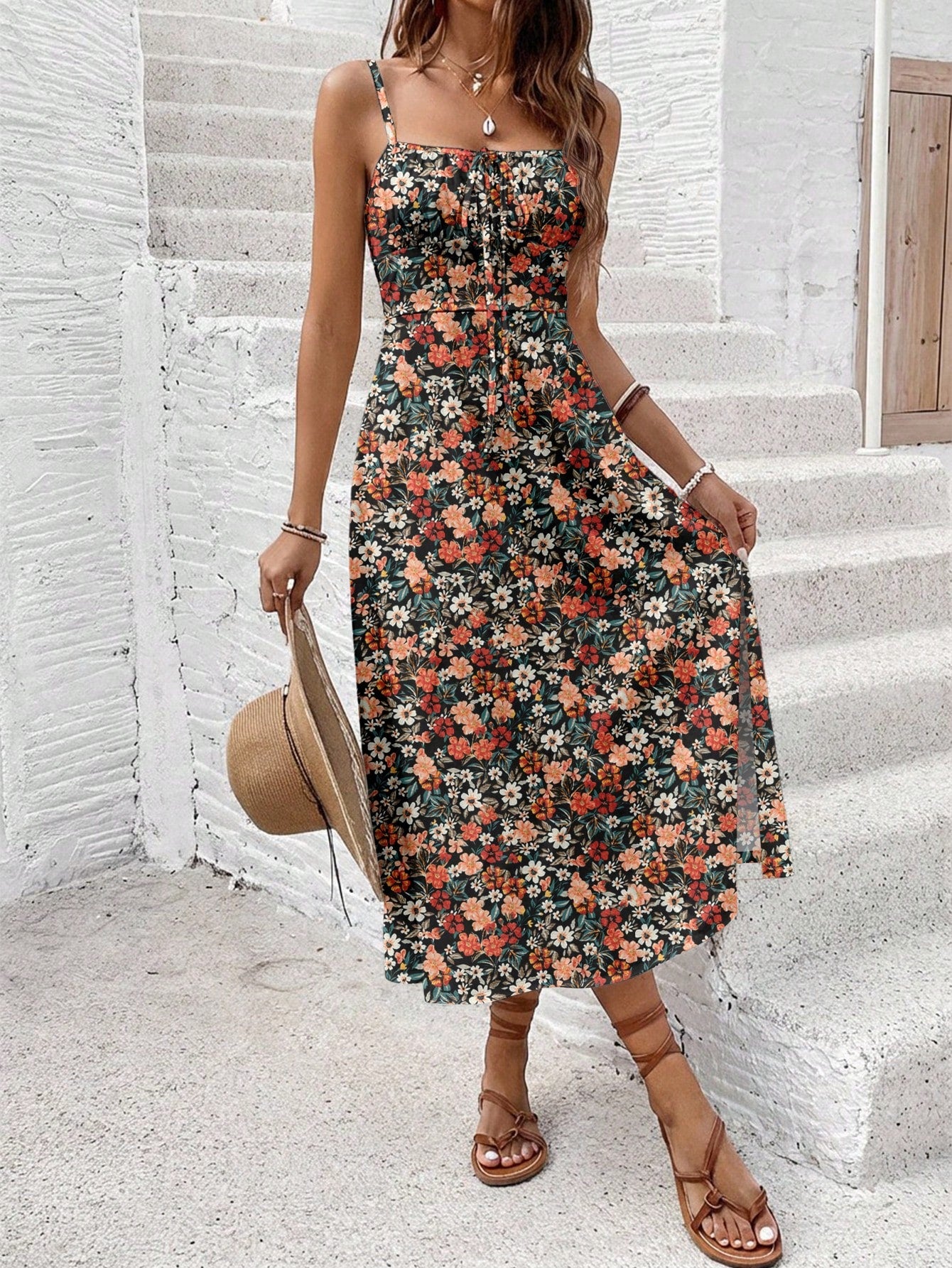 Frenchy Women's Floral Print Slit Hem Sleeveless Midi Dress For Vacation,Summer Dresses For Women