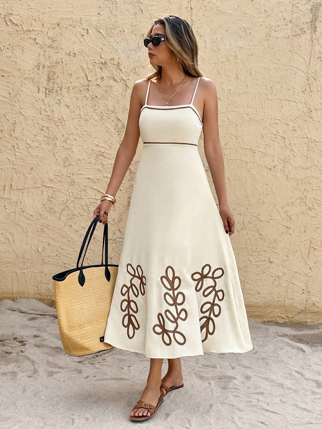 Frenchy Women's Leaf Embroidered Strap Vacation Dress, Summer,Bohemian Clothes Vacation Casual Beach Holiday Resort