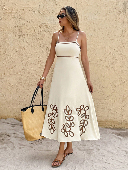 Frenchy Women's Leaf Embroidered Strap Vacation Dress, Summer,Bohemian Clothes Vacation Casual Beach Holiday Resort