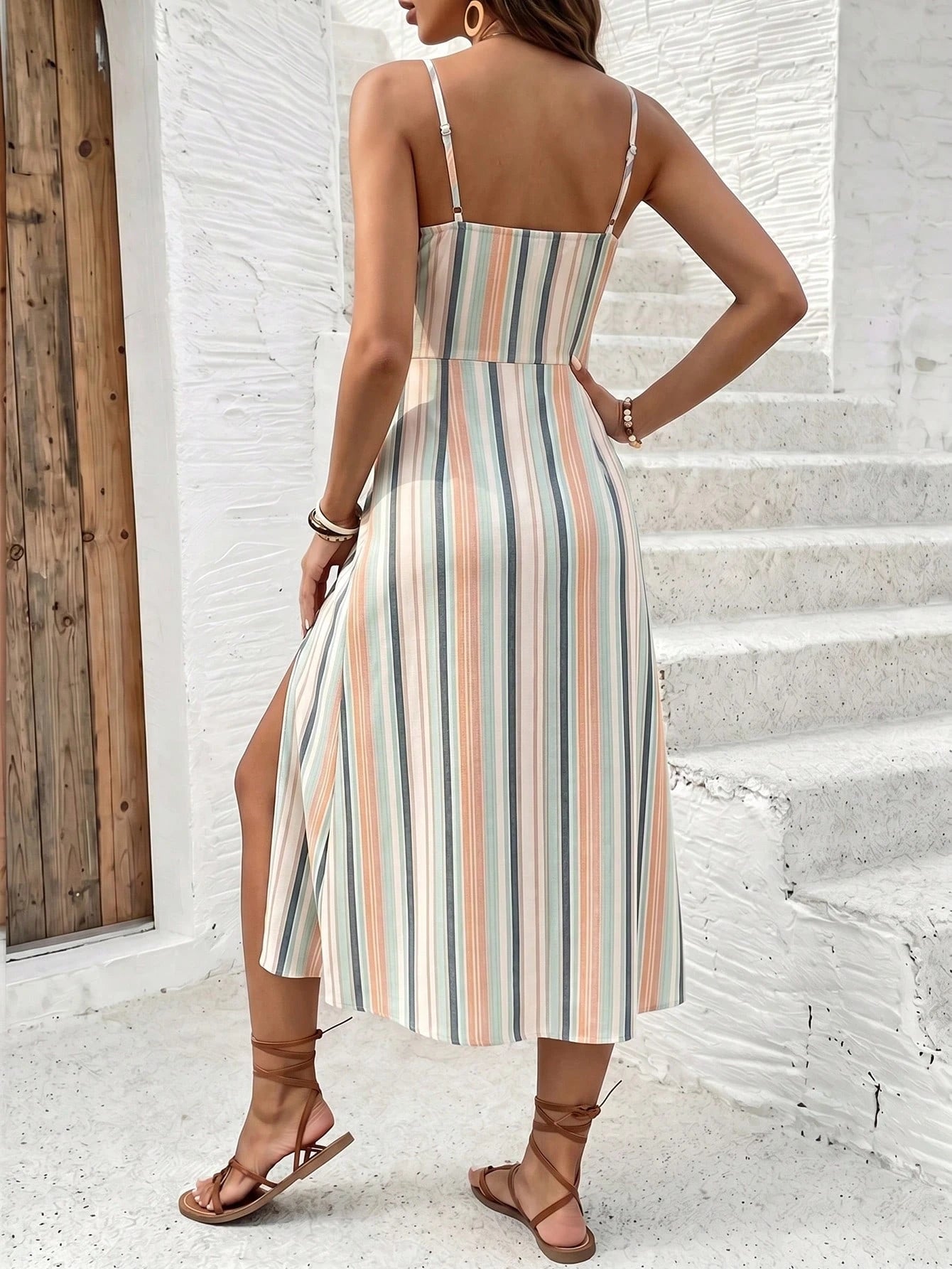 Frenchy Women's Orange And White Summer Boho Holiday Vacation Mid-Length Dress,Elegant Colorful Striped Print Retro Minimalist Beach Music Festival Outfit