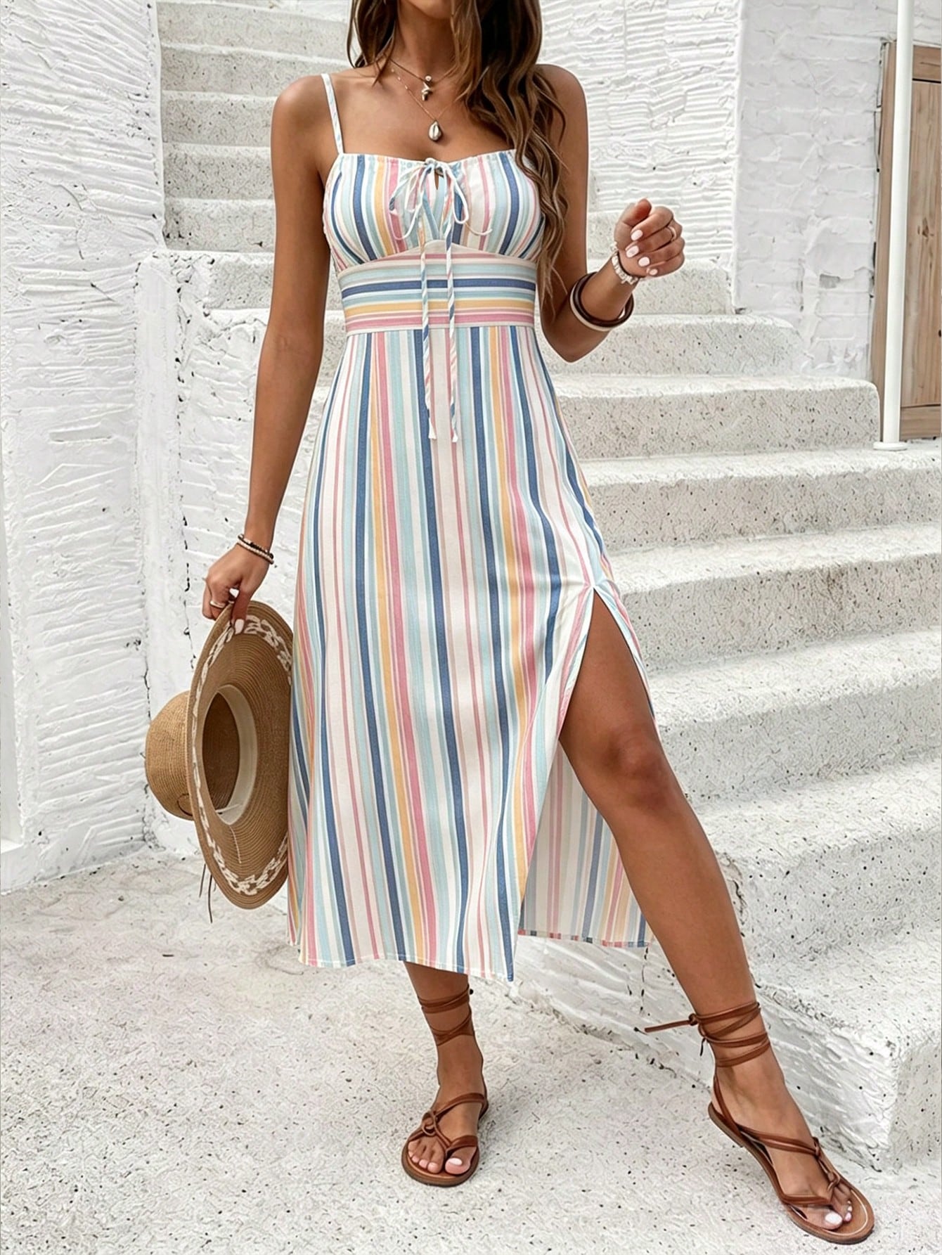 Frenchy Women's Orange And White Summer Boho Holiday Vacation Mid-Length Dress,Elegant Colorful Striped Print Retro Minimalist Beach Music Festival Outfit