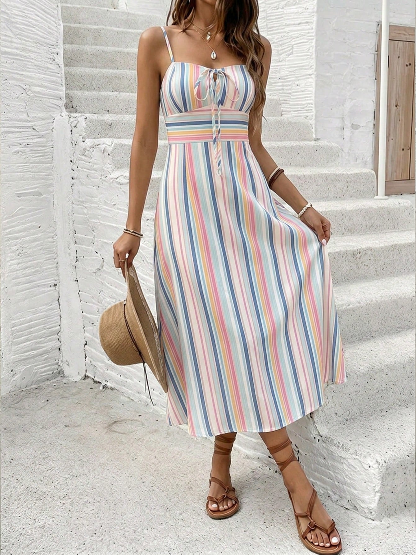 Frenchy Women's Orange And White Summer Boho Holiday Vacation Mid-Length Dress,Elegant Colorful Striped Print Retro Minimalist Beach Music Festival Outfit