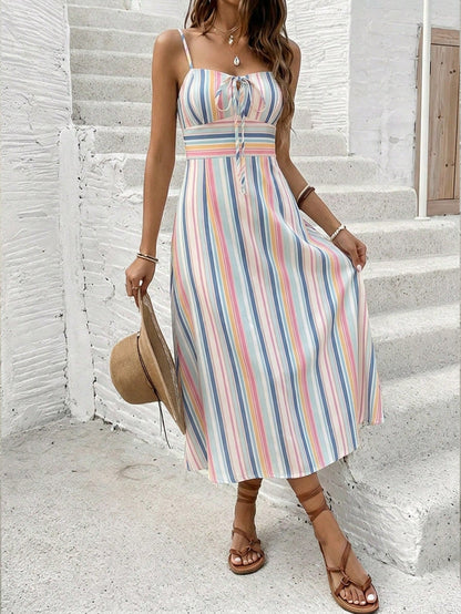 Frenchy Women's Orange And White Summer Boho Holiday Vacation Mid-Length Dress,Elegant Colorful Striped Print Retro Minimalist Beach Music Festival Outfit