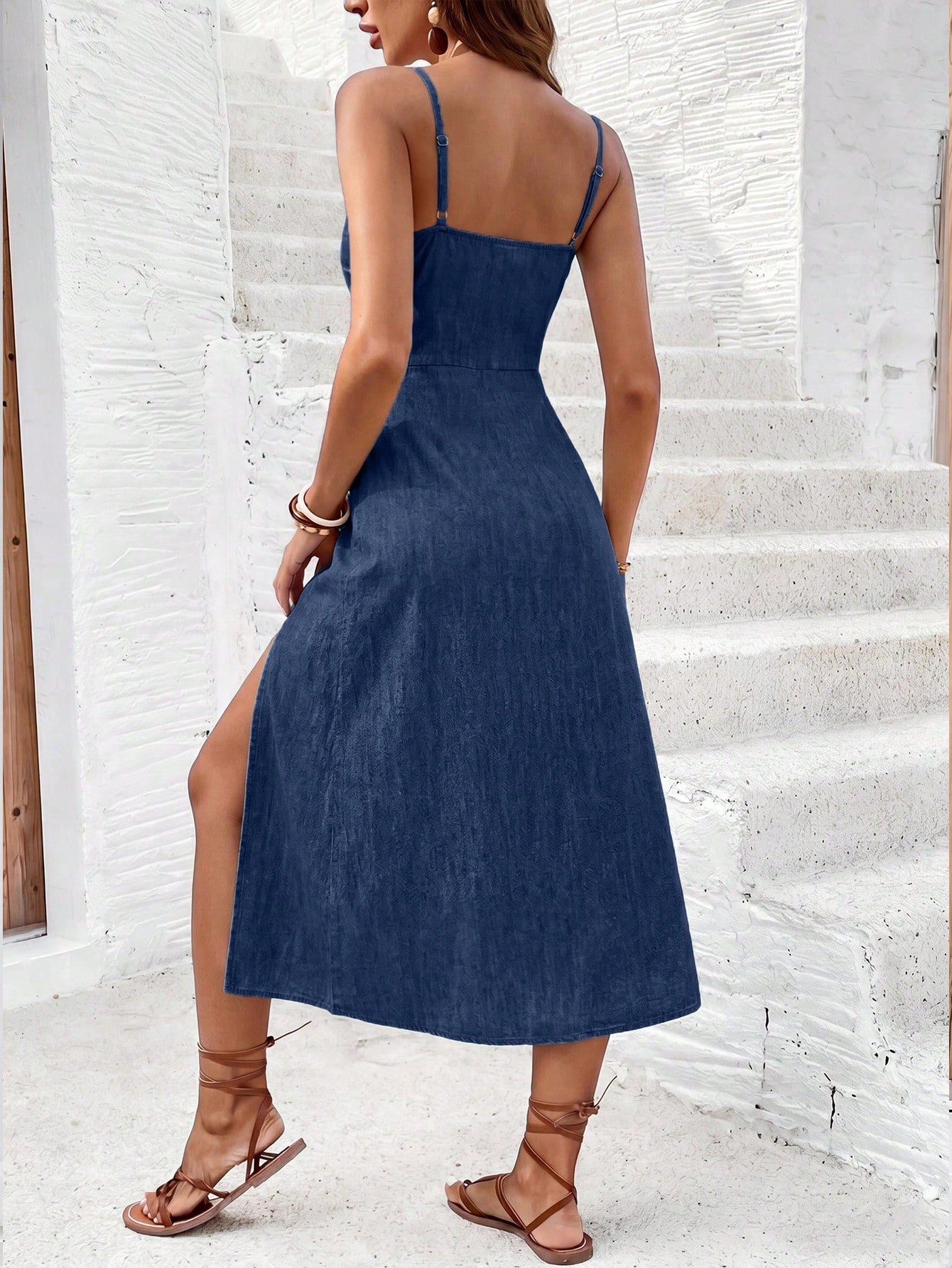 Frenchy Women's Solid Color Pleated Split Design Casual European Date Beach Vacation Party Midi Slip Dress Navy Blue Summer