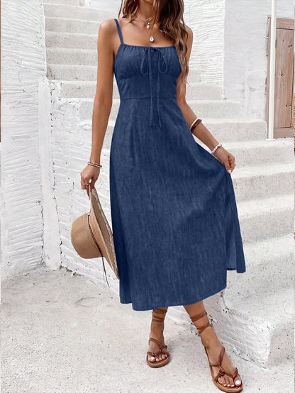 Frenchy Women's Solid Color Pleated Split Design Casual European Date Beach Vacation Party Midi Slip Dress Navy Blue Summer