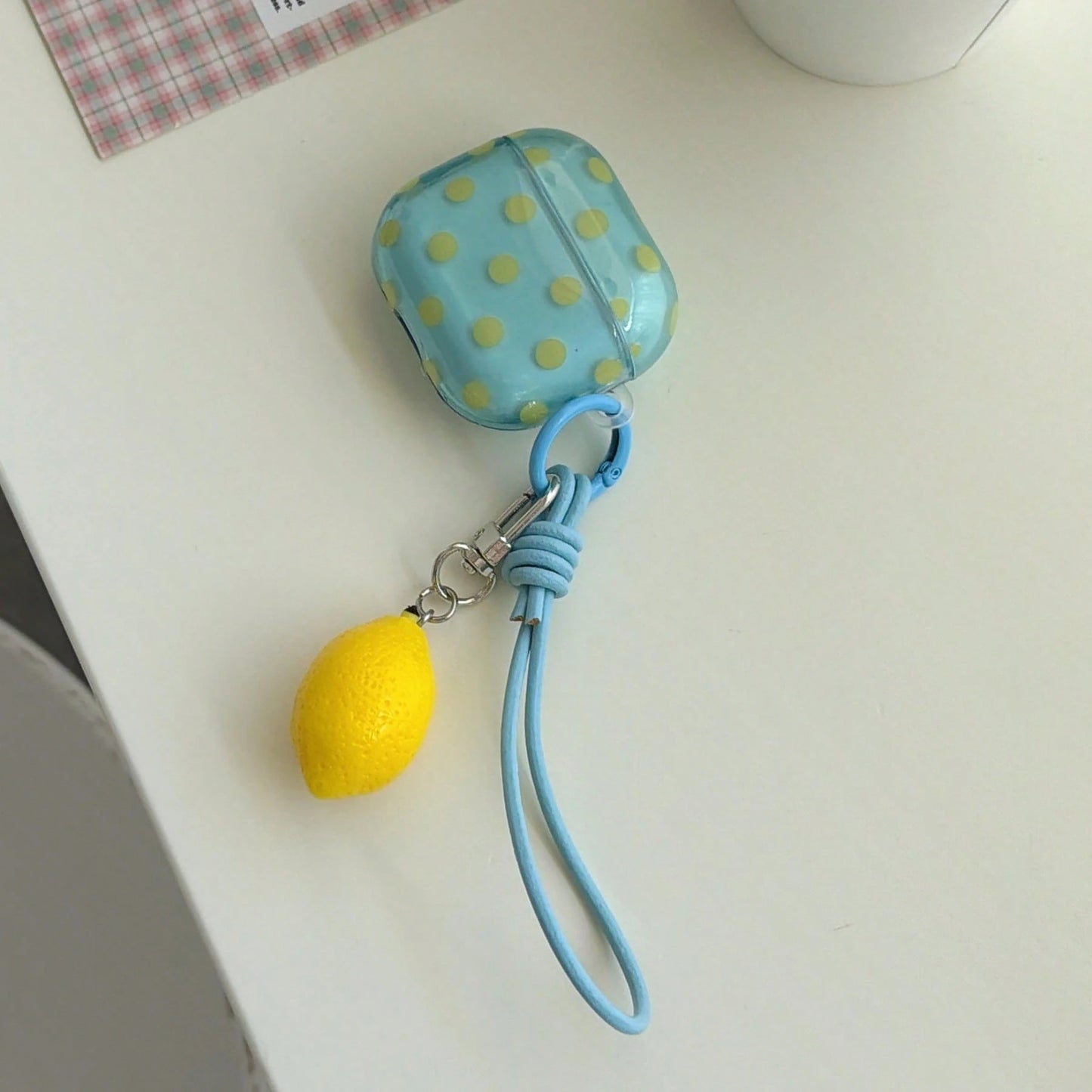 Fresh Semi-Transparent Mint Green Polka Dot + Lanyard Lemon Set Compatible With Apple Pro 3 Case/ Pro 2 Case/ Pro Case/ 4 Case/ 3 Case/ 2 Case/Fashionable Women's Earphone Case/Minimalist Earphone Cas