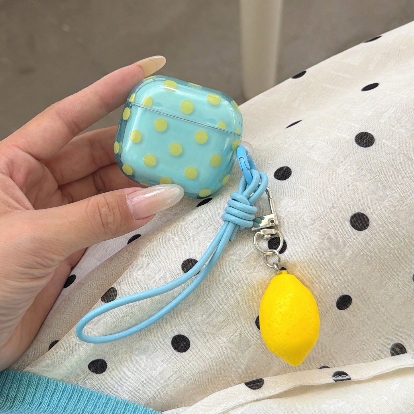Fresh Semi-Transparent Mint Green Polka Dot + Lanyard Lemon Set Compatible With Apple Pro 3 Case/ Pro 2 Case/ Pro Case/ 4 Case/ 3 Case/ 2 Case/Fashionable Women's Earphone Case/Minimalist Earphone Cas