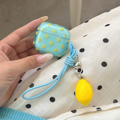 Fresh Semi-Transparent Mint Green Polka Dot + Lanyard Lemon Set Compatible With Apple Pro 3 Case/ Pro 2 Case/ Pro Case/ 4 Case/ 3 Case/ 2 Case/Fashionable Women's Earphone Case/Minimalist Earphone Cas