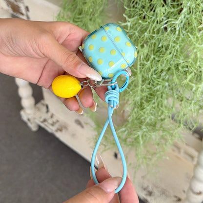 Fresh Semi-Transparent Mint Green Polka Dot + Lanyard Lemon Set Compatible With Apple Pro 3 Case/ Pro 2 Case/ Pro Case/ 4 Case/ 3 Case/ 2 Case/Fashionable Women's Earphone Case/Minimalist Earphone Cas