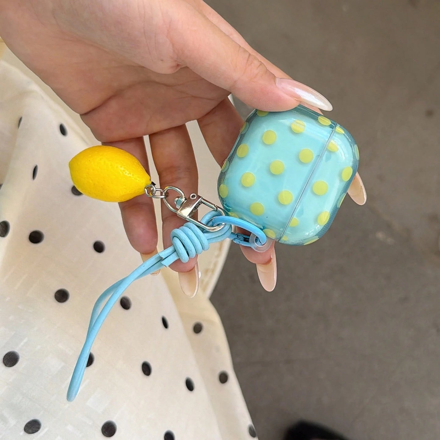 Fresh Semi-Transparent Mint Green Polka Dot + Lanyard Lemon Set Compatible With Apple Pro 3 Case/ Pro 2 Case/ Pro Case/ 4 Case/ 3 Case/ 2 Case/Fashionable Women's Earphone Case/Minimalist Earphone Cas