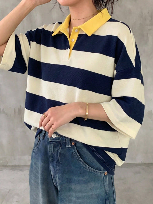 FRIFUL Women's Loose Striped T-Shirt With Polo Collar And Mid-Sleeves, Casual Summer Wear Graphic Tee