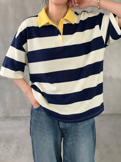 FRIFUL Women's Loose Striped T-Shirt With Polo Collar And Mid-Sleeves, Casual Summer Wear Graphic Tee