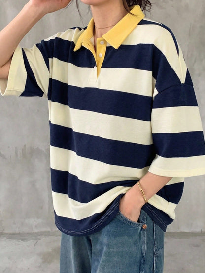 FRIFUL Women's Loose Striped T-Shirt With Polo Collar And Mid-Sleeves, Casual Summer Wear Graphic Tee