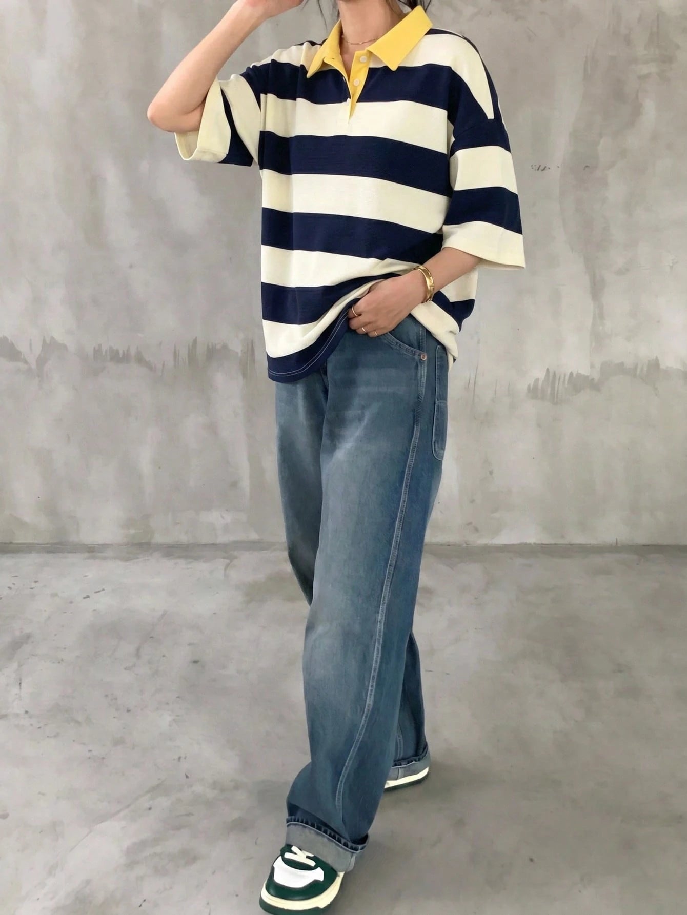 FRIFUL Women's Loose Striped T-Shirt With Polo Collar And Mid-Sleeves, Casual Summer Wear Graphic Tee