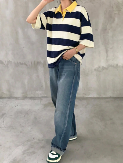 FRIFUL Women's Loose Striped T-Shirt With Polo Collar And Mid-Sleeves, Casual Summer Wear Graphic Tee