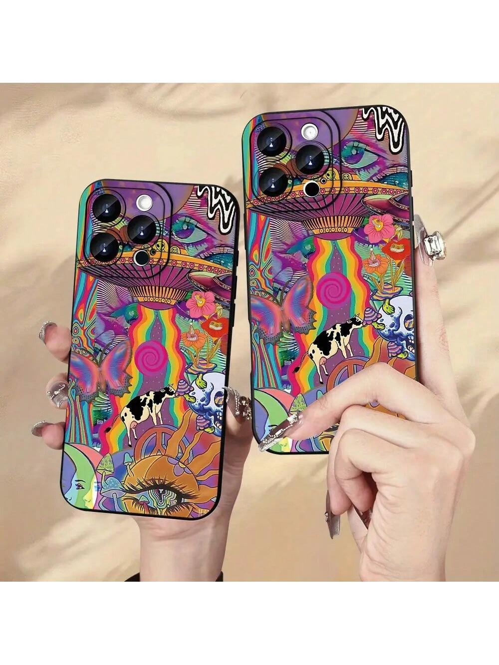 Fun Fashion Creative Interesting Personality UFO Alien Cow Butterfly Flower Mobile Phone Case Colorful Pattern Printed Mobile Phone Case, Thickened Full Body Protection, Shockproof And Drop-Proof TPU