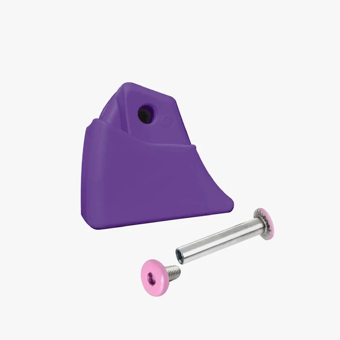 Purple plastic component with a screw on a white background