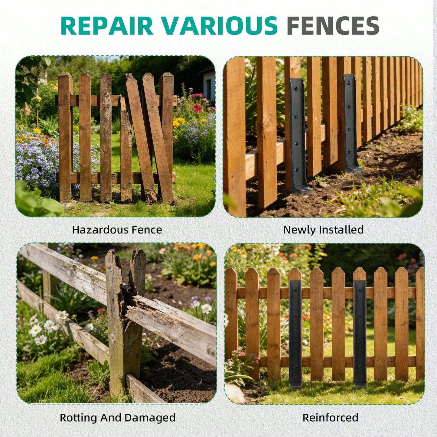 GCCSJ Fence Post Repair Kit 2/4/8 Pack – Heavy Duty 33.5 Inch Steel Anchor Ground Stakes, One-Piece Spike For Leaning Or Broken Wooden Fence Repair, Rust Resistant Fence Post Support For Quick Fix (Bl