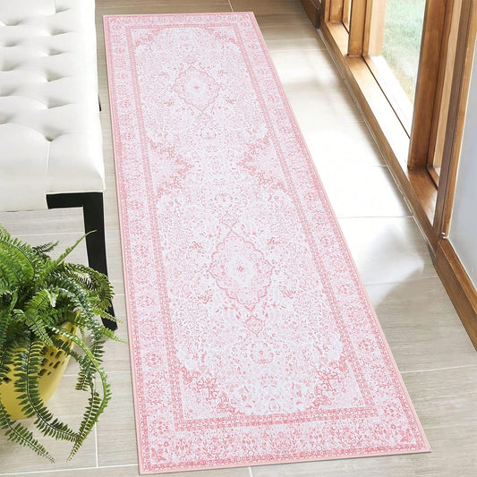 Gdieo Vintage Machine-Washable Non-Slip Runner Rug- Low Pile Lightweight Area Carpet For Indoor Hallway, Entryway, Kitchen, Living Room & Corridor Mat Home Decoration Rug, Pink & Light Taupe Brown,Th