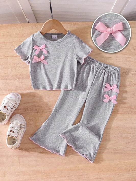Genkimix Kids Baby Girl Grey Knit Short Sleeve Bowknot Top & Bell-Bottom Pants 2-Piece Set, Comfortable Casual Daily Wear For Summer
