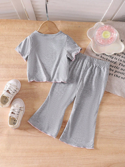 Genkimix Kids Baby Girl Grey Knit Short Sleeve Bowknot Top & Bell-Bottom Pants 2-Piece Set, Comfortable Casual Daily Wear For Summer