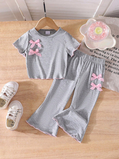 Genkimix Kids Baby Girl Grey Knit Short Sleeve Bowknot Top & Bell-Bottom Pants 2-Piece Set, Comfortable Casual Daily Wear For Summer