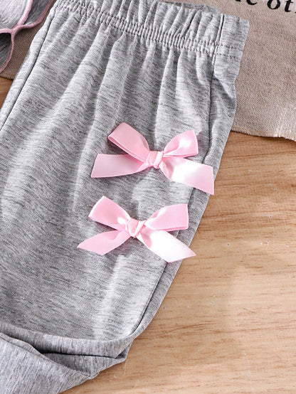 Genkimix Kids Baby Girl Grey Knit Short Sleeve Bowknot Top & Bell-Bottom Pants 2-Piece Set, Comfortable Casual Daily Wear For Summer