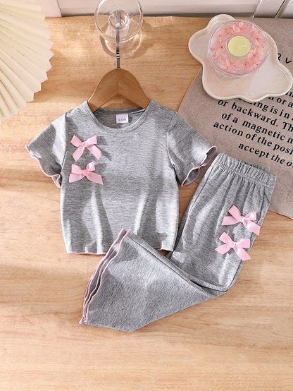 Genkimix Kids Baby Girl Grey Knit Short Sleeve Bowknot Top & Bell-Bottom Pants 2-Piece Set, Comfortable Casual Daily Wear For Summer